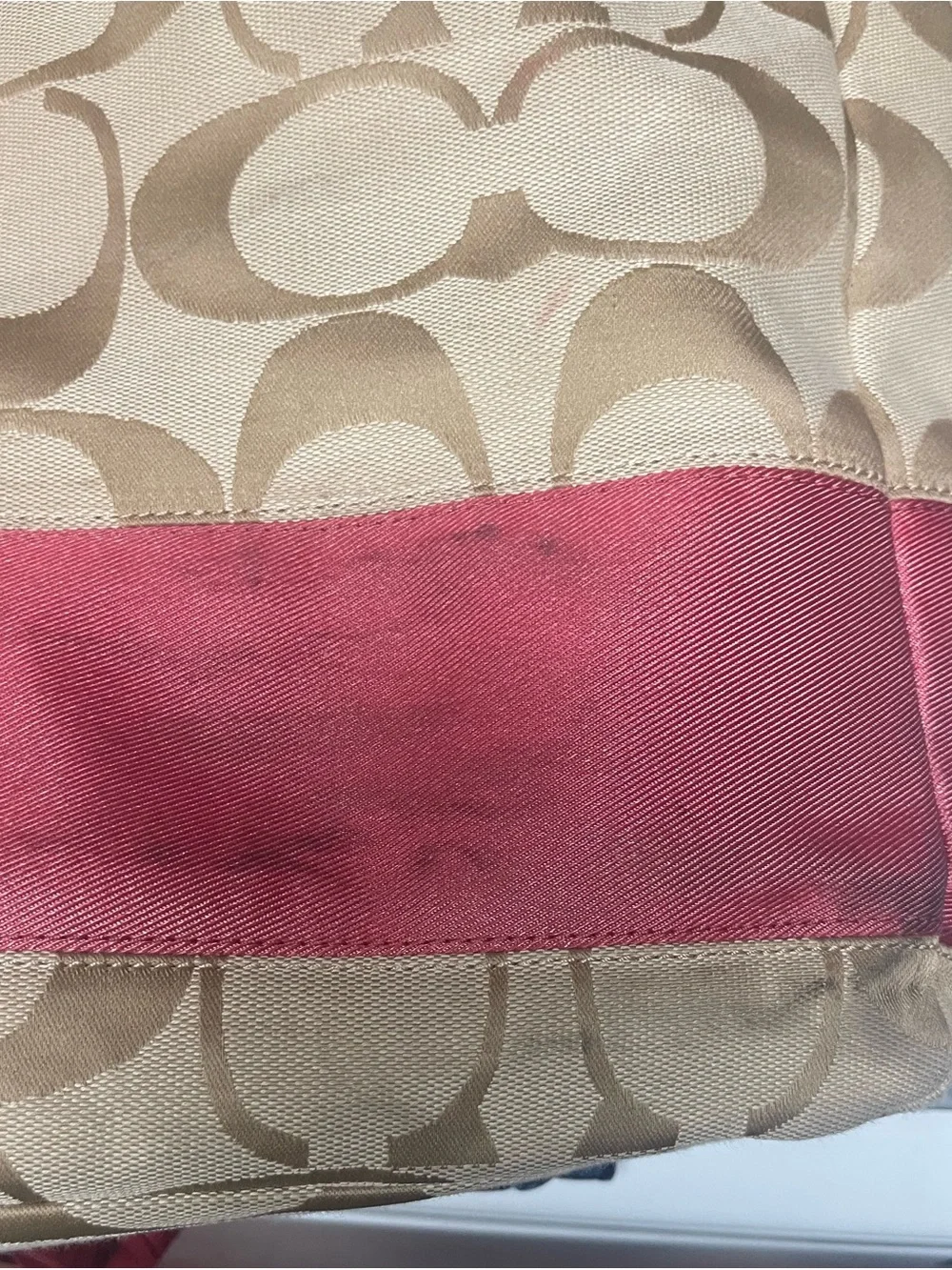 Coach Beige Signature Canvas Tote with Pink Leather Trim